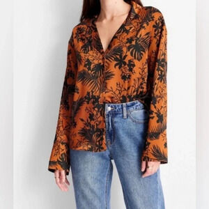 Floral Button Down Shirt - Orange and Black